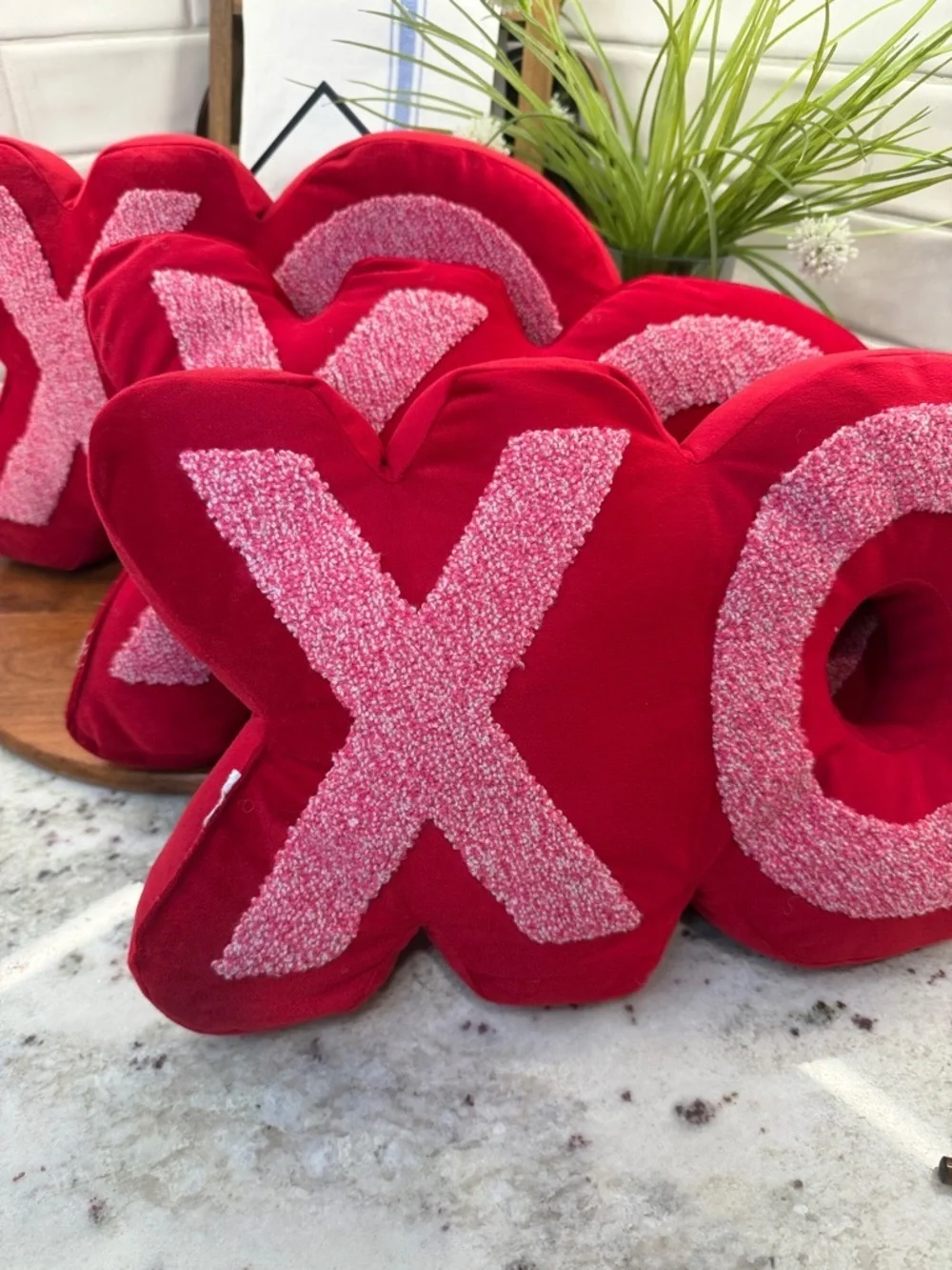 XO Plush Decorative Pillow - Red with Light Pink Chenille Accent- Set of 3